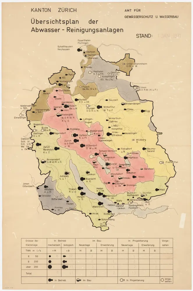 Kanton Zürich: Bestehende und projektierte Abwasserreinigungsanlagen, Zustand 01.01.1971; Übersichtskarte