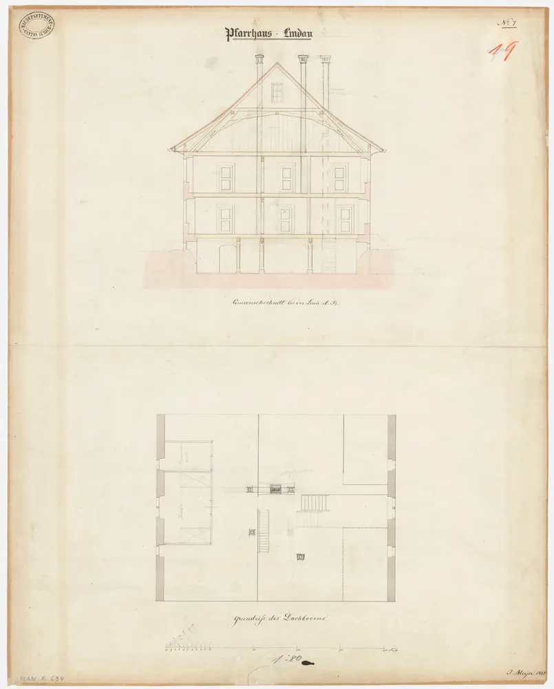 Lindau: Pfarrhaus; Grundriss des Dachbodens und Querschnitt (Nr. 19)