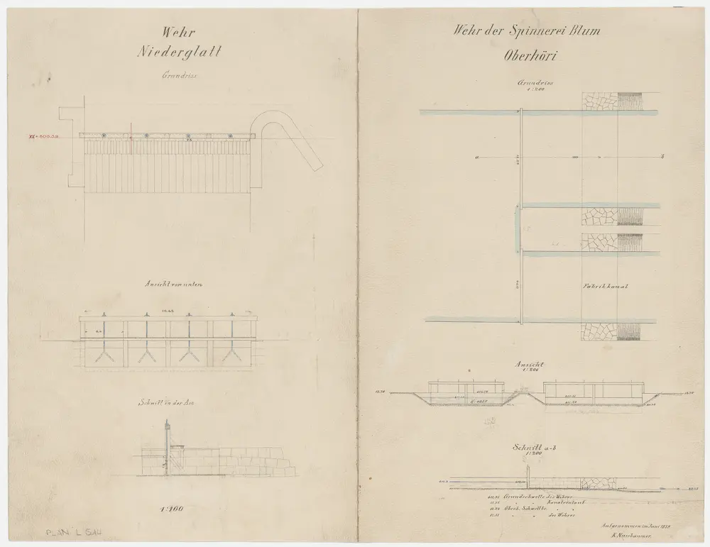 Niederglatt, Höri: Wehr der Mühle in Niederglatt sowie Wehr der Spinnerei Blum in Oberhöri; Ansichten und Schnitte (Glatt-Gebiet Nr. 11)