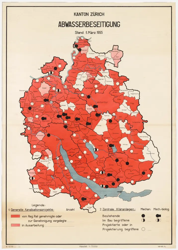 Kanton Zürich: Bestehende und projektierte Kanalisationen und Abwasserreinigungsanlagen, Zustand 01.03.1955; Übersichtskarte