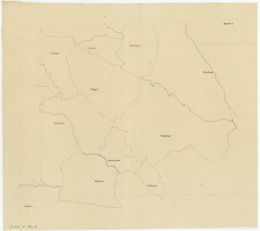 Vorlagen für die Topographische Karte des Kantons Zürich (Wild-Karte): Pausen mit Gemeindegrenzen: Blatt 13: Volketswil und umliegende Gemeinden