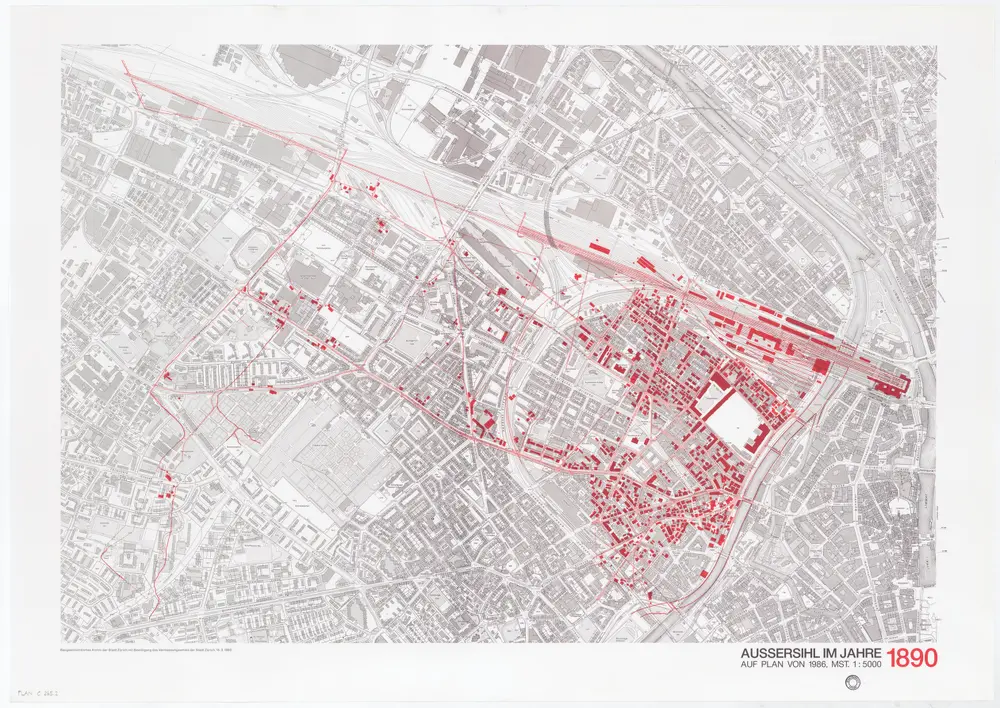 Historische Bauzustände der Zürcher Aussenquartiere in 48 Blättern: Aussersihl im Jahre 1890 auf einem Plan von 1986; Übersichtsplan