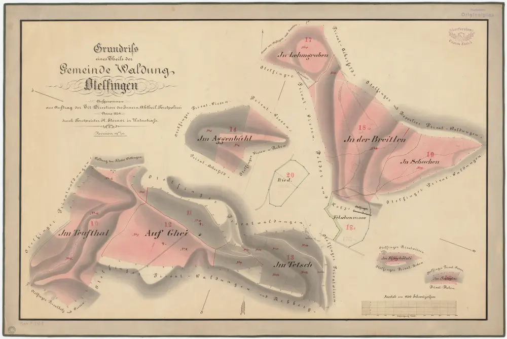 Otelfingen: Gemeindewaldung: Tüftel (Teufthal), Ghei, Tetsch, Aggenbüel (Aggenbühl), Biberhölzli, Seeboden, Lehmgruben, Breitlen (In der Breiten), Schacheren (Schachen), Felschenmoos; Grundrisse