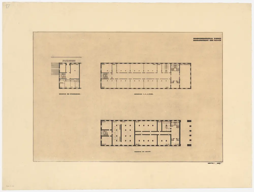 Zürich: Verwaltungsgebäude auf dem Stampfenbachareal; Projekt 1927; Walche-Gebäude, Keller und Obergeschoss; Grundrisse