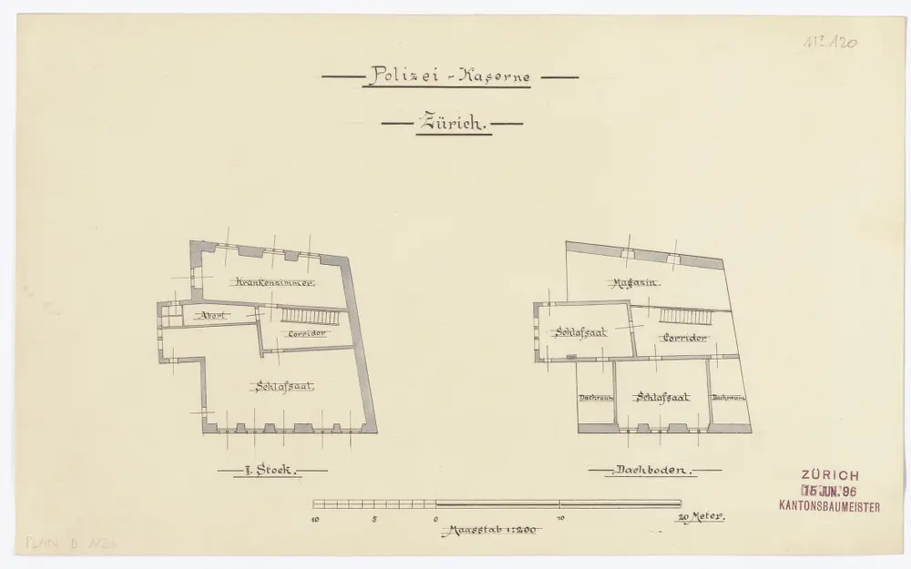 Polizeikaserne: 2. Stock und Dachboden; Grundrisse