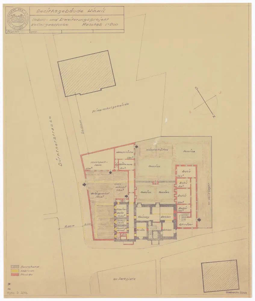 Bezirksgebäude Hinwil, Umbau und Erweiterungsprojekt: Kellergeschoss; Grundriss