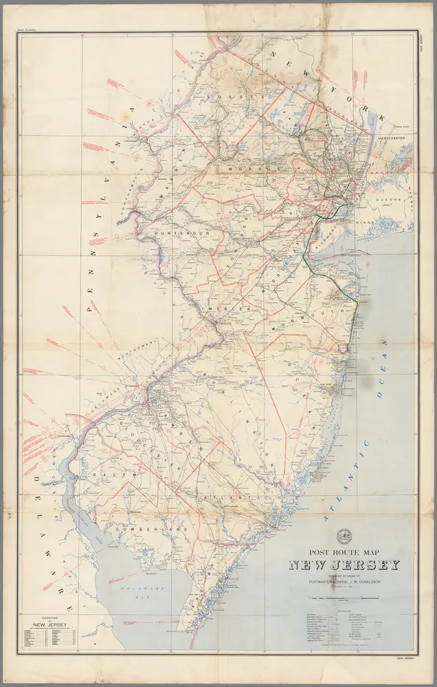 Post Route Map of the State of New Jersey Showing Post Offices ... October 15, 1952.