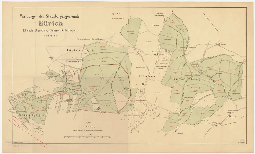 Horgen, Langnau am Albis, Thalwil, Hottingen, Zürich: Staatswaldungen, Genossenschaftswaldungen und Zürcher Stadtwaldungen: Zürich: Der Stadtbürgergemeinde Zürich gehörende Waldungen Geissberg, Zürichberg, Buschberg; Grundriss