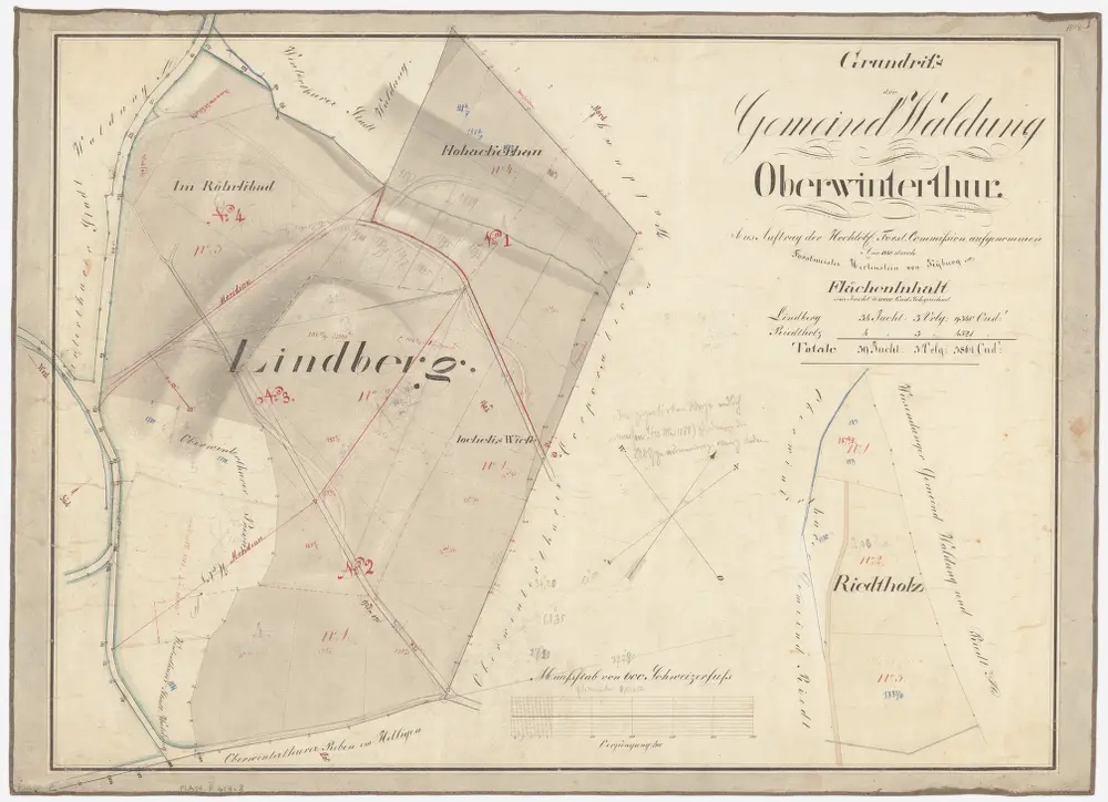 Oberwinterthur: Staats-, Gemeinde- und Genossenschaftswaldungen: Gemeindewaldung Oberwinterthur mit Lindberg (Limperg) und Riedtholz; Grundrisse