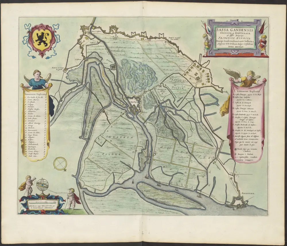 SASSA GANDENSIS | OBSESSA et EXPVGNATA | ab Ill.mo Principe | FRIDERICO HENRICO | Principe Arausionensium, Comite Nassaviæ, etc. | Auspiciis D.D. Ordinum Belgii Confoederati | ANNO MDCXLIV