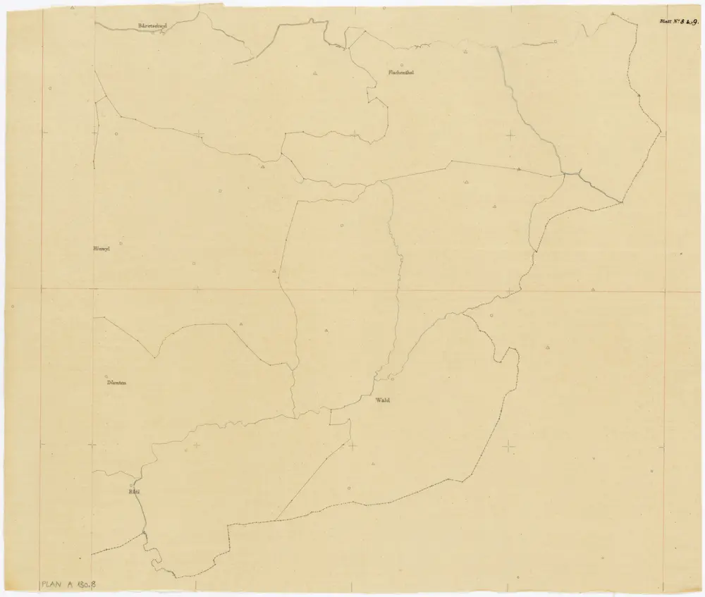 Vorlagen für die Topographische Karte des Kantons Zürich (Wild-Karte): Pausen mit Gemeindegrenzen: Blatt 8 und 9: Wald und umliegende Gemeinden