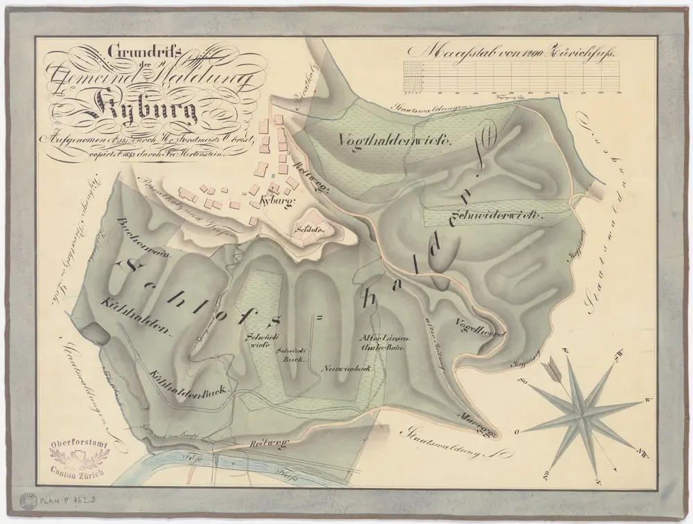 Kyburg: Gemeinde-, Genossenschafts- und Pfrundwaldungen: Gemeindewaldung Schlosshalden mit Buechenrain, Schürli (Scheuerliwiese, Scheuerlibuck), Chuehalden (Kühlhalden, Kühlhaldenbuck), Neuwiesbuck, Leisentalerrain (Alter Linsenthaler-Rain), Schniderwis (Schneiderwiese), Vogthalden; Grundriss