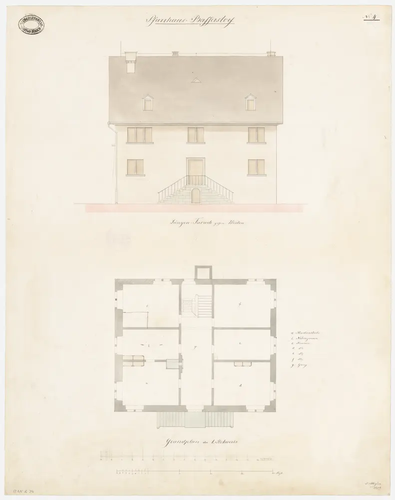 Bassersdorf: Pfarrhaus; Westansicht und Grundriss des 1. Stocks (Nr. 4)