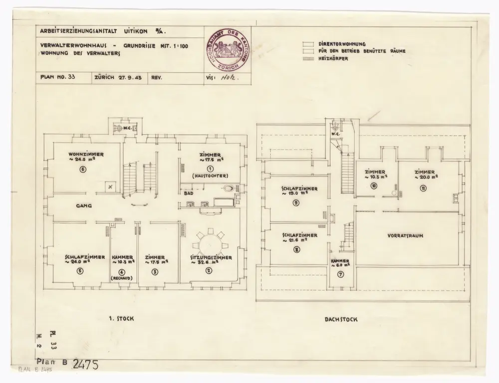 Uitikon: Arbeitserziehungsanstalt, Verwalterwohnhaus, 1. Stock und Dachstock; Grundrisse