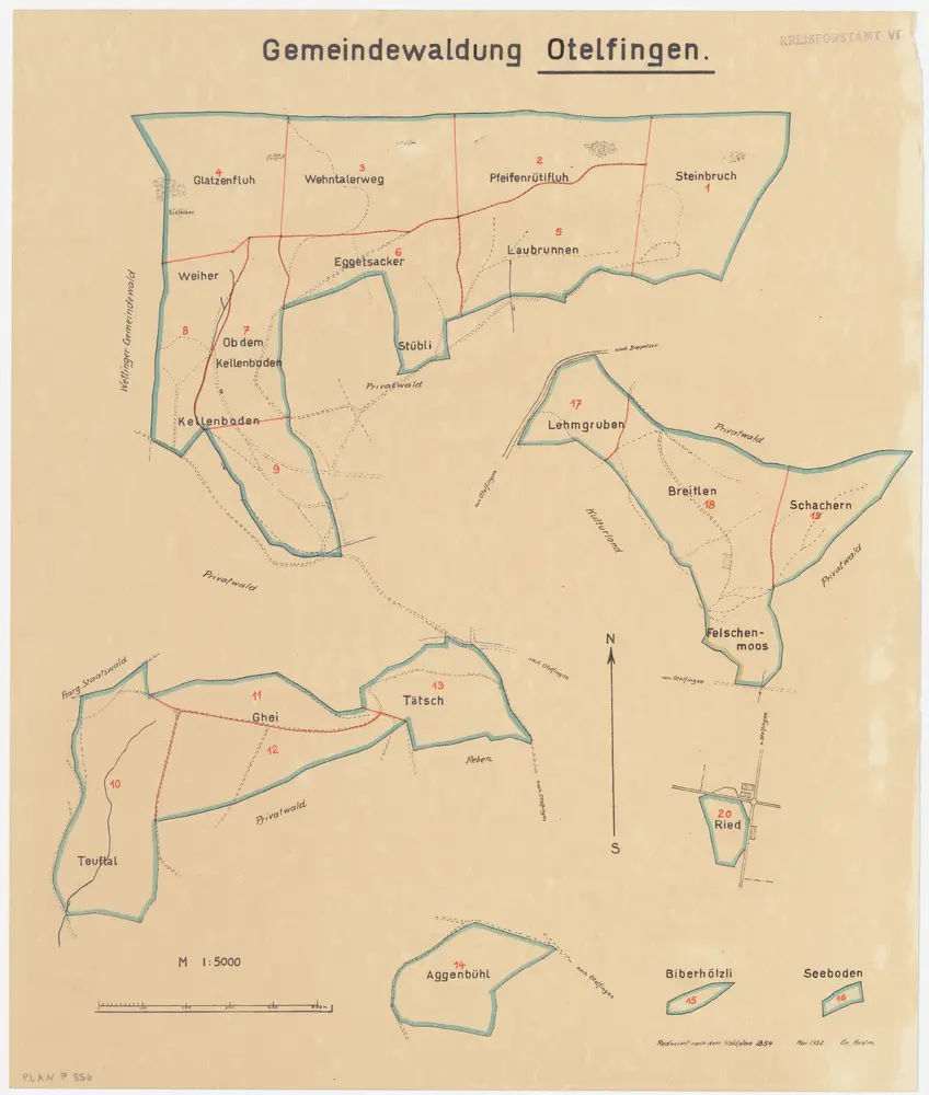 Otelfingen: Gemeindewaldungen Glatzenfluh, Weier (Weiher), Chellenboden (Kellenboden), Wentlerweg (Wehntalerweg), Eggetsacher, Stübli, Pfiffenrütiflue (Pfeifenrütifluh), Laubrunnen, Steinbruch, Lehmgruben, Breitlen, Schacheren (Schachen), Fältschenmaas (Felschenmoos), Tüftel (Teuftal), Ghei, Tätsch,