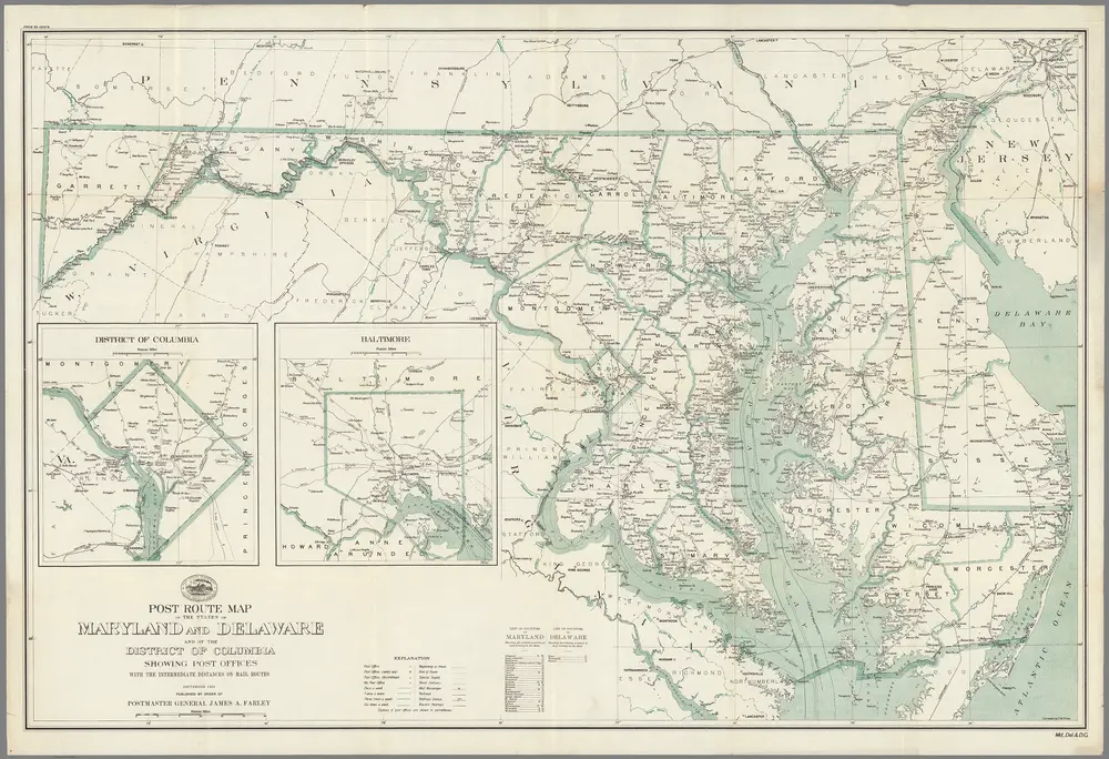 Post Route Map of the States of Maryland, Delaware and District of Columbia ... September 1933.