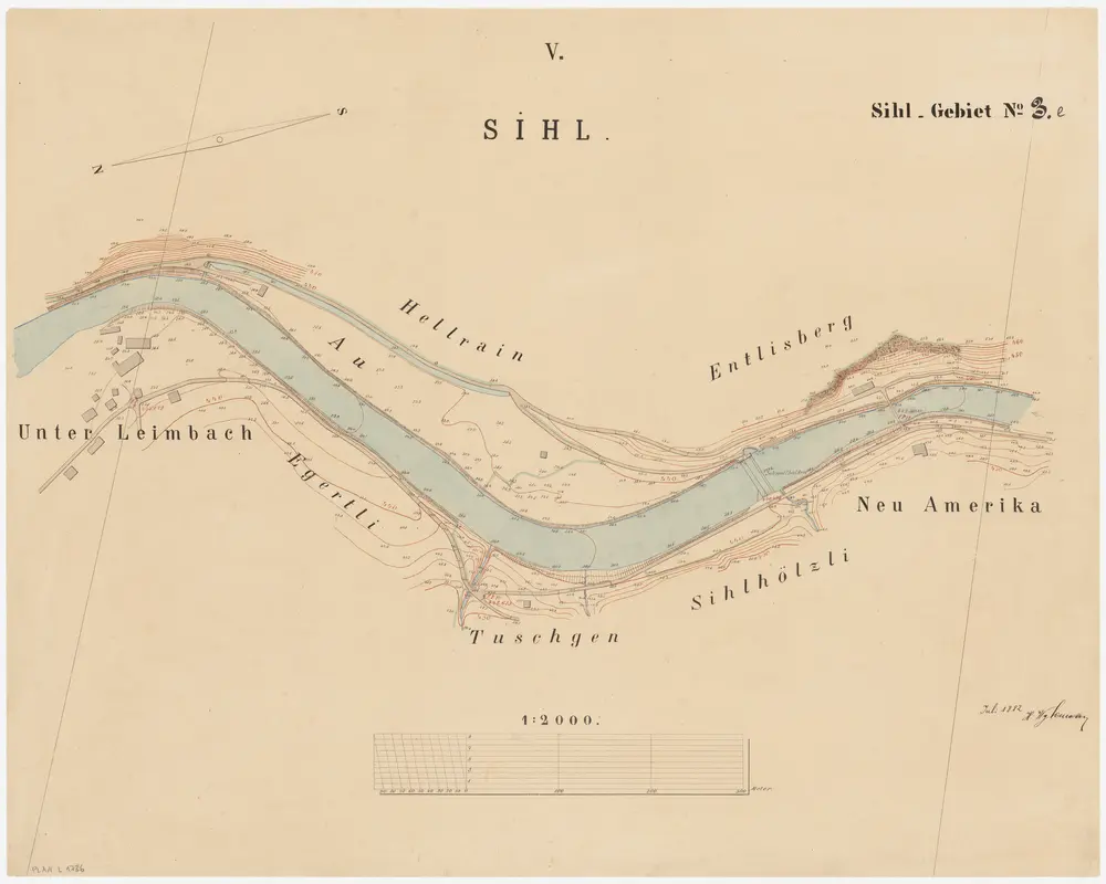 Wollishofen, Enge: Sihl von oberhalb des Stegs bei Neu-Amerika bis Unterleimbach; Situationsplan (Sihl-Gebiet Nr. 3 e)