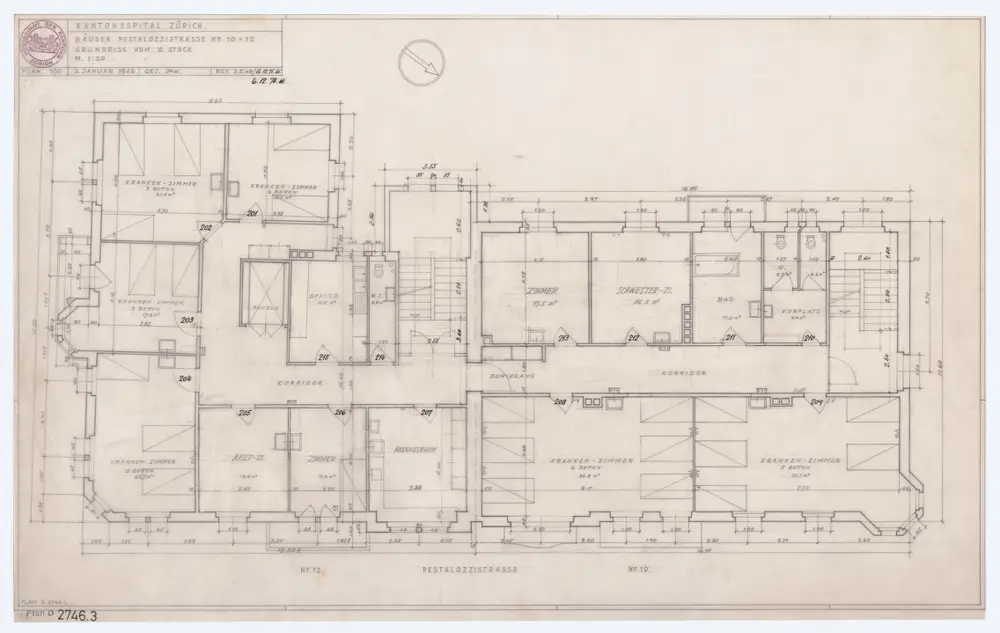 Liegenschaft Pestalozzistrasse 10 und 12, Aussenstation des Kantonsspitals: Grundrisse: 2. Stock; Grundriss