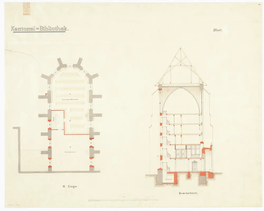 Kantonsbibliothek im Predigerchor: Grundriss (2. Stock) und Querschnitt