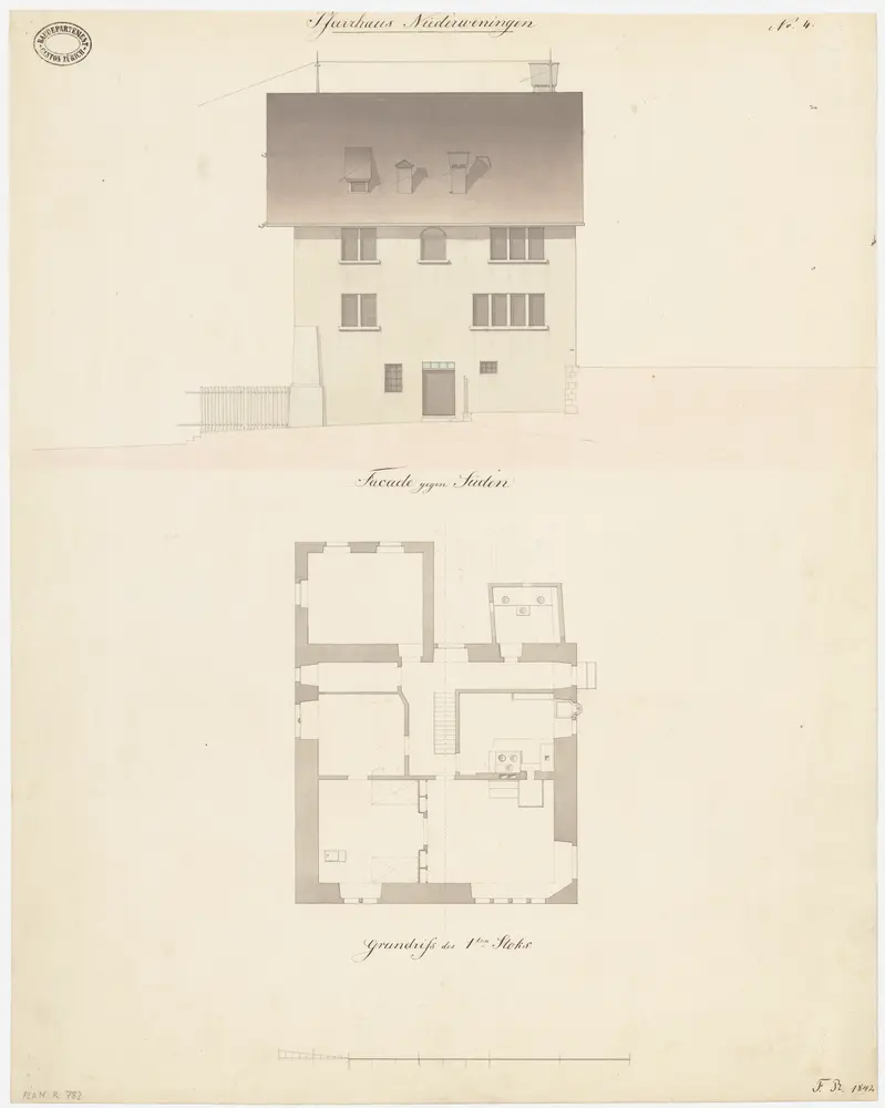 Niederweningen: Pfarrhaus; Südansicht und Grundriss des 1. Stock (Nr. 4)