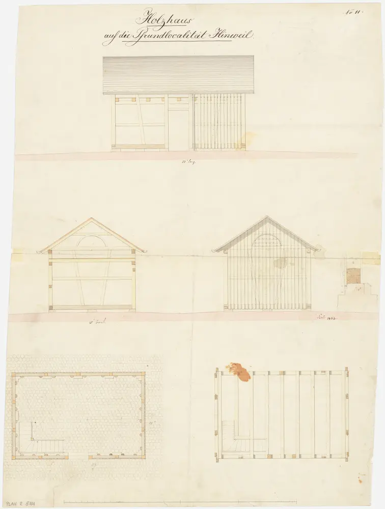 Hinwil: Holzschuppen; Ansichten, Grundrisse des Erdgeschosses und des 1. Stocks und Querschnitte (Nr. 11)