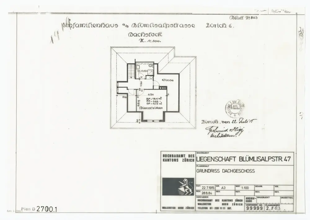 Einfamilienhaus Blümlisalpstrasse 47: Grundriss und Querschnitt: Dachstock; Grundriss