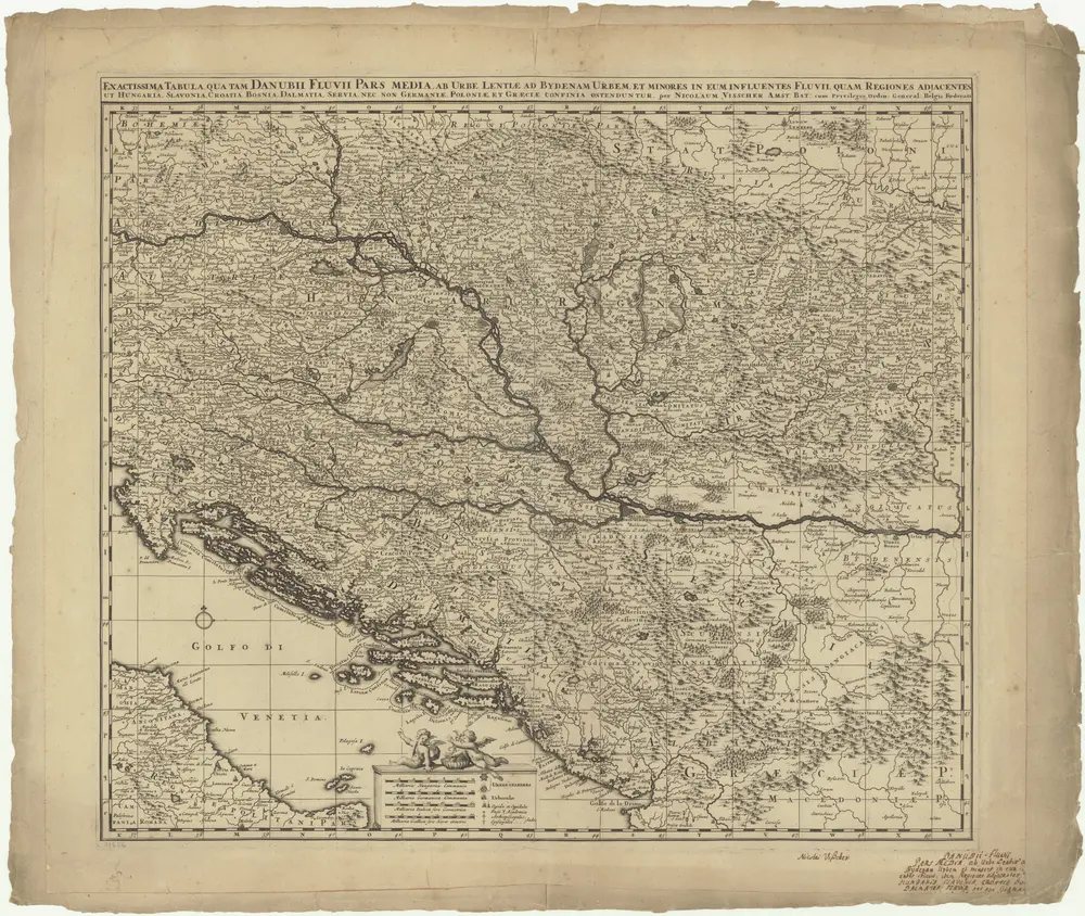 Exactissima tabula qua tam Danubii fluvii pars media, ab urbe lentiae ad Bydenam urbem et minores in eum influentes fluvii, quam regiones adjacentes ut Hungaria, Slavonia, Croatia, Bosnia, Dalmatia, Servia, nec non Germaniae, Poloniae, et Graeciae confinia ostenduntur