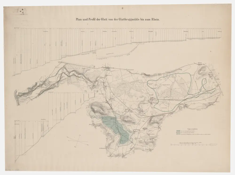 Opfikon bis Glattfelden: Glatt von der Glattbrugger Mühle bis zur Einmündung in den Rhein, zu entsumpfende und zu entwässernde Flächen; Situationsplan und Längsprofile