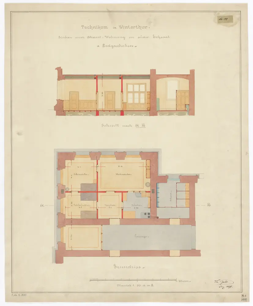 Winterthur: Technikum, Einbau einer Abwart-Wohnung im südöstlichen Ecksaal, Erdgeschoss; Grundriss und Schnitt (Nr. 199)