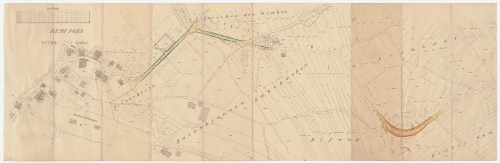 Hedingen: Unterdorf, Zwüschet Gräben (Zwischen den Gräben), Hasenacher (Hasenäcker), Silberblätz, Maienbrunnen und Bifang; Vermessungsplan