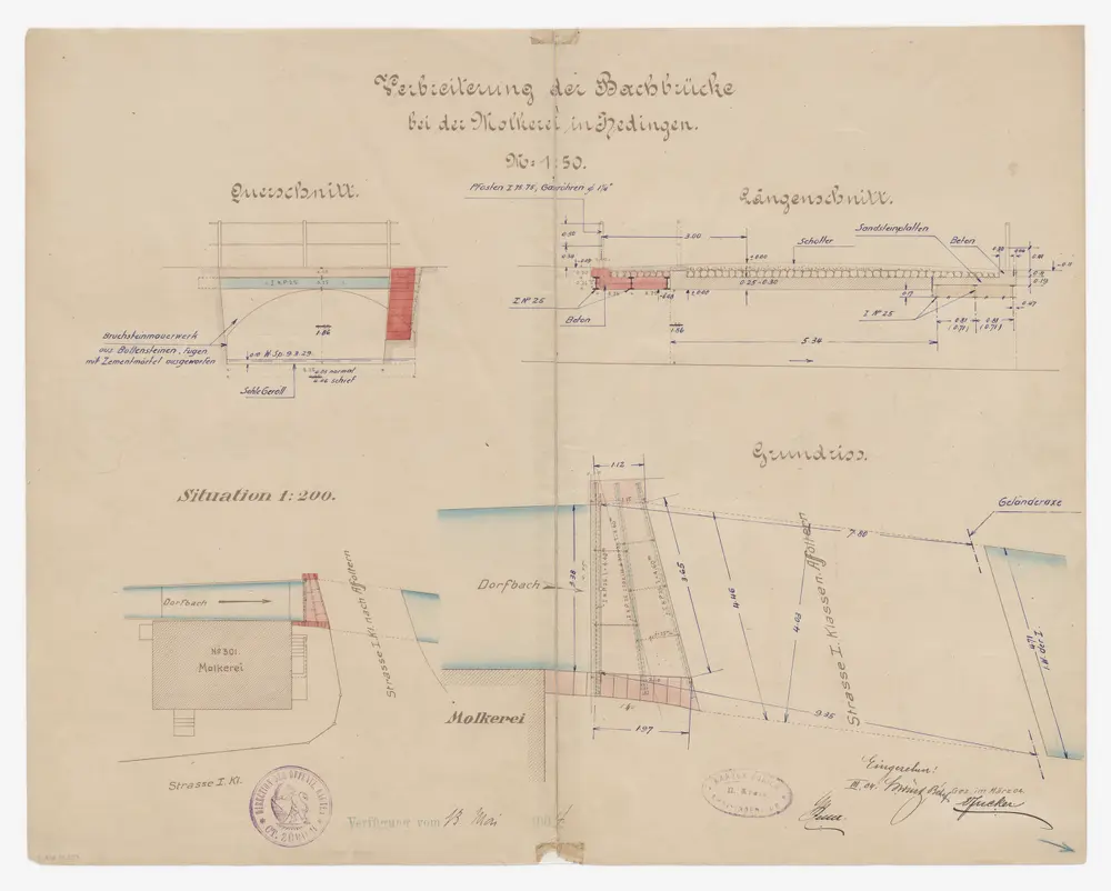 Hedingen: Verbreiterung der eisernen Balkenbrücke über den Dorfbach bei der Molkerei; Situationsplan, Grundriss und Schnitte