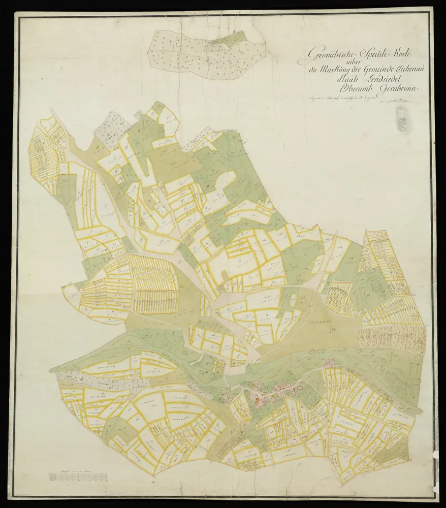 HZAN GA 100_Nr. 60_ : Eichenau; "Geometrische Karte über die Markung Eichenau, Stab Lendsiedel, Oberamt Gerabronn;1815 aufgenommen, 1816 verfertigt;Geometer Widmaier;100 Ruten = 13 cm [28 cm = 1 km];94 x 108 cm; Norden oben;Papier; Federzeichnung; Gebäude und Felder mit Wasserfarben; Grundstücke nummeriert mit Flächeninhalt.