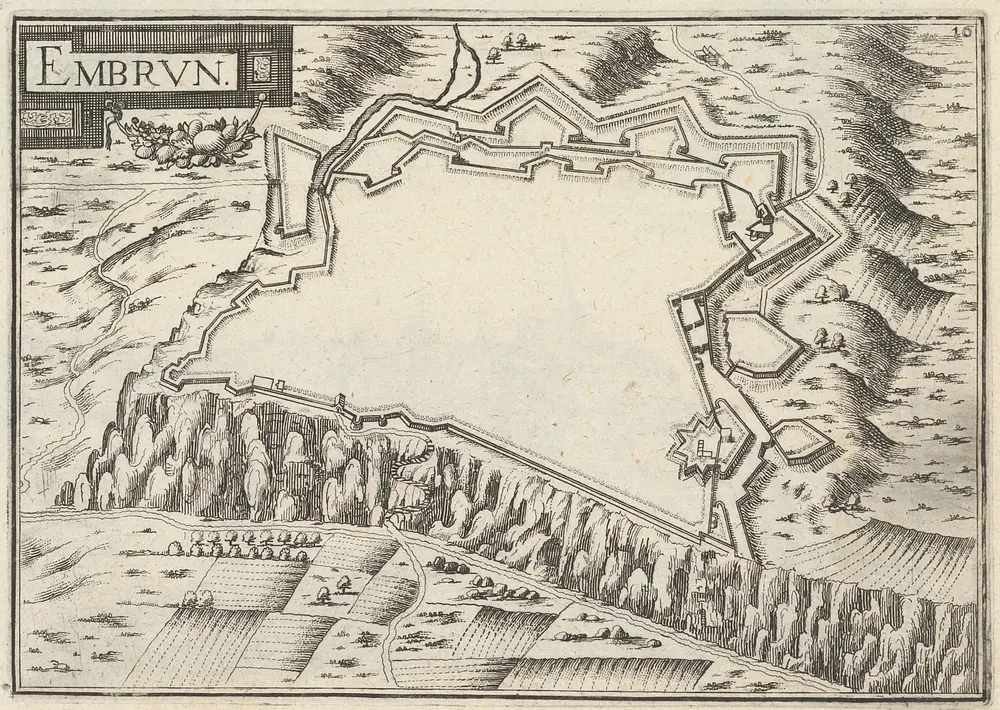 Embrun. [Karte], in: Plans et profilz des principales villes de la province de Dauphiné, avec la carte genale & les particuliéres de chascũ gouvernement d'icelles, S. 36.