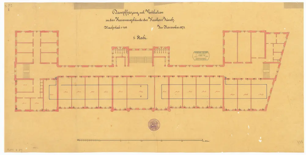 Projektierte Kaserne: 2. Stock, Dampfheizung mit Ventilation; Grundriss