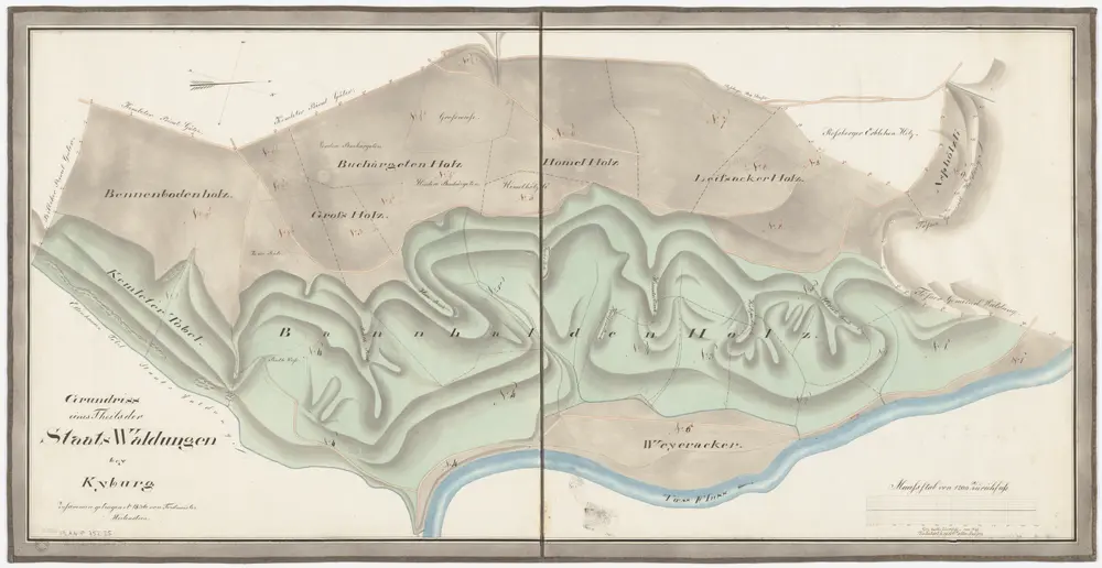 Kyburg, Töss, Illnau-Effretikon (damals Illnau), Schlatt: Staatswaldung: Illnau-Effretikon (damals Illnau), Kyburg, Töss: Bennenbodenholz, Grossholz, Bannhaldenholz, Chämletertobel (Kemleter Tobel), Buchärgetenholz, Homelholz, Leisacherholz (Leissacker Holz), Asphölzli, Weyeracker; Grundriss