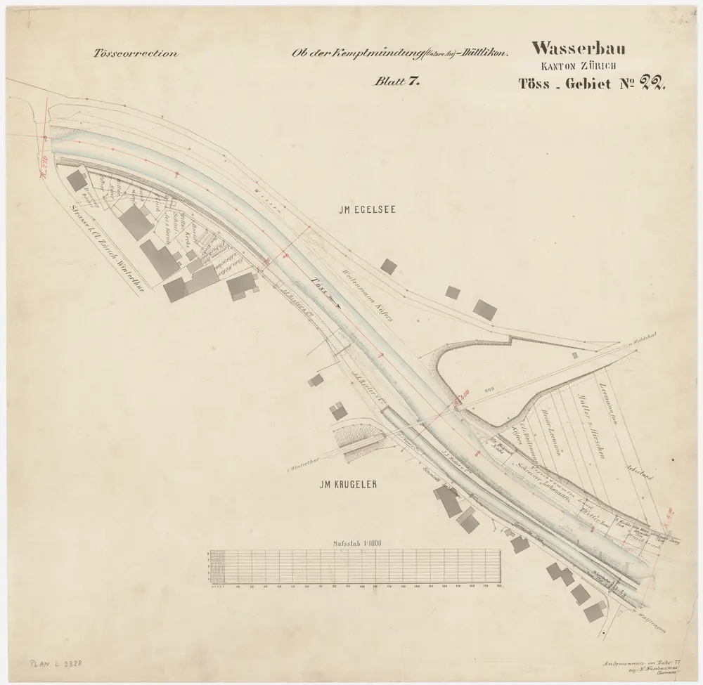 Töss: Von der Kronenbrücke bis unterhalb der Brücke der Schweizerischen Nordostbahn NOB, Tösskorrektion; Situationsplan (Töss-Gebiet Nr. 22, Blatt 7)