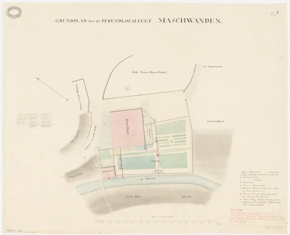 Maschwanden: Pfrundlokalität mit Pfarrhaus, Brunnen und Wasserleitungen; Grundriss