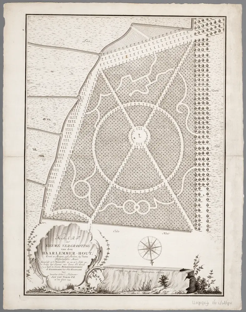 Kaart der nieuwe vergrooting van den Haarlemmer-Hout : groot 11 morgen, 138 roeden, 85 voeten Rhijnlandsche maat : aangelegd op 't Kaatsveld / en nu in 't licht gebragt ... door Jan van Varel P.Z.