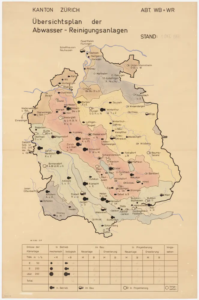 Kanton Zürich: Bestehende und projektierte Abwasserreinigungsanlagen, Zustand 01.10.1966; Übersichtskarte