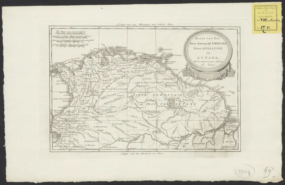 Kaart van het nieuw koningrijk Grenada, Nieuw Andalusie en Guyane, met de aangrenzende landen ten zuiden.