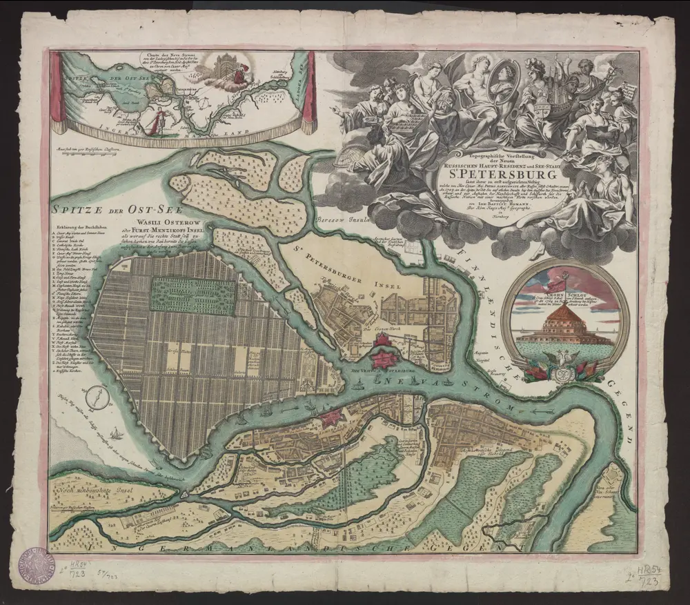 Topographische Vorstellung der Neuen Russischen Haupt- und Residenz- und See-Stadt St. Petersburg samt ihrer zu erst aufgerichten Vestung welche von Ihro Czaar Maj. Petro Alexiewitz aller Russen selbst Erhalter etc., etc., etc. An 1703 an der Spitze der Ost-See auf etlichen Insuln bey dem außflus des Neva Stroms erbaut, und zur Aufnahm der Handelschafft und Schiffahrt für die Russische Nation mit einer mächtigen Flotte versehen worden