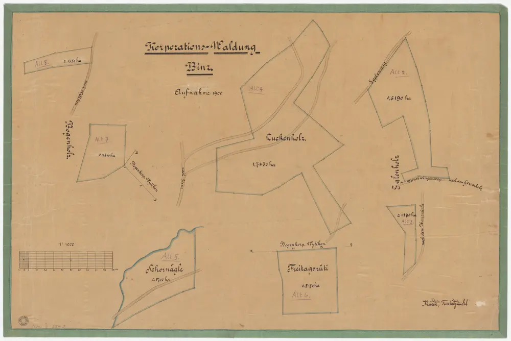 Witikon, Maur, Zollikon: Genossenschaftswaldungen Witikon und Binz: Bogen, Egglen (Eglenholz), Luckenholz, Schornägle, Fritigsrüti (Freitagsrüti); Grundrisse