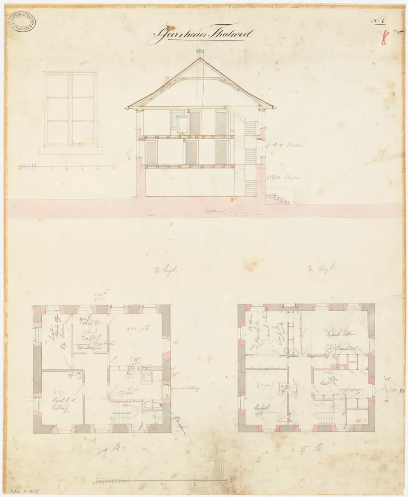 Thalwil: Pfarrhaus; Grundrisse des 1. und 2. Stocks, Querschnitt und Detailansicht eines Fensters (Nr. 8)