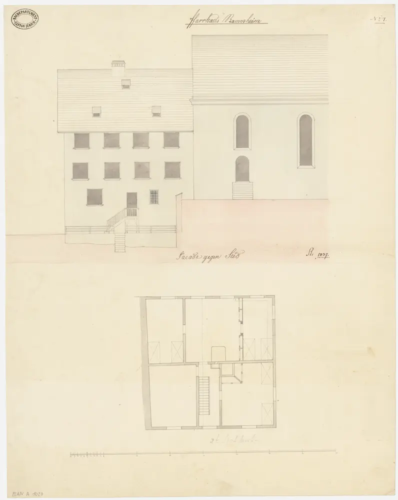 Unterstammheim: Pfarrhaus Stammheim; Grundriss des 2. Stocks und Südansicht (Nr. 7)