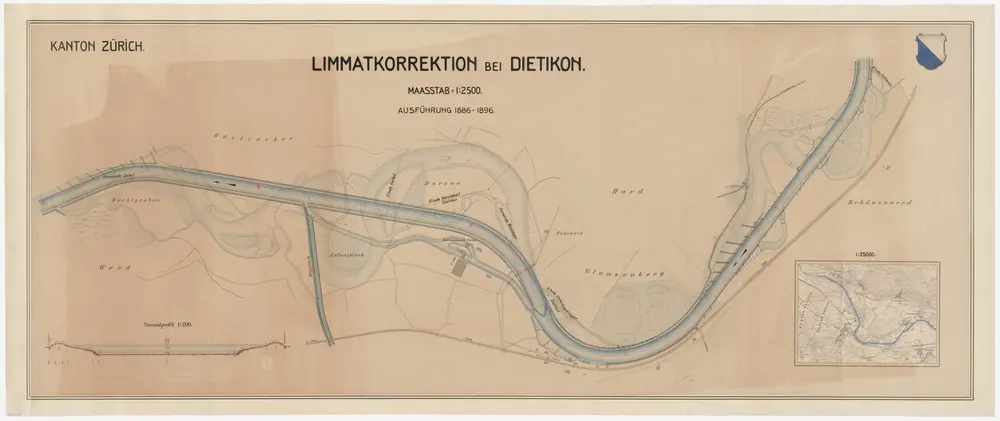 Schlieren bis Oetwil an der Limmat: Bei Dietikon, Limmatkorrektion, 1886-1895 ausgeführtes Projekt; Situationsplan, Übersichtskarte und Normalprofil