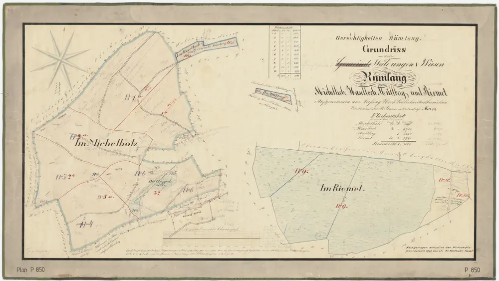 Rümlang: Der Gemeinde oder den Gemeindsgerechtigkeiten gehörende Waldungen Michelholz, Güggel, Riedmat (Riemet), Haselloch, Müliberg (Müllberg); Grundrisse