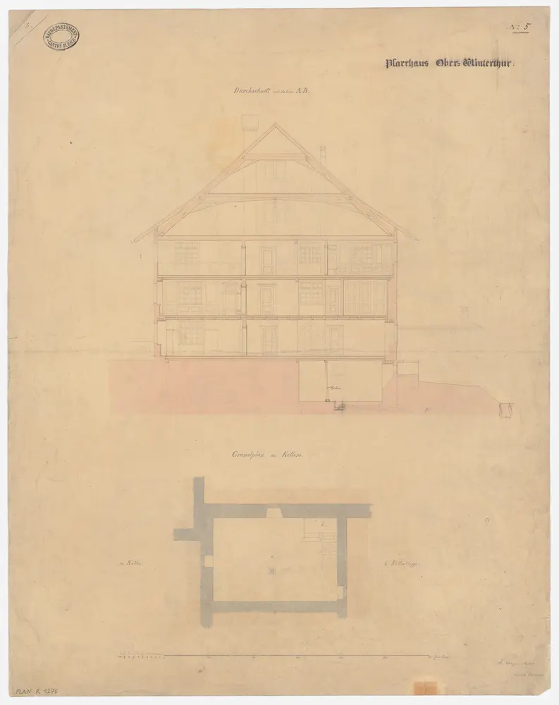 Oberwinterthur: Pfarrhaus mit angebautem Ökonomiegebäude; Grundriss des Kellers und Querschnitt (Nr. 5)