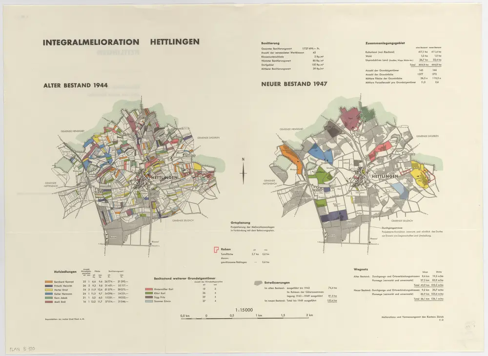 Hettlingen: Integralmelioration, alter Bestand 1944 und neuer Bestand 1947; Übersichtsplan