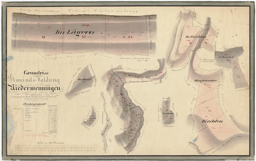 Niederweningen: Gemeindewaldungen Birch (Birchlen), Stüdlen, Im Lägern, Rieden (Riedern), Riedernbach, Hasel, Sandhöli (Sandhöhle), Forenbuk (Forrbuck), Hangleten, Himibuck (Himmibuck); Grundrisse