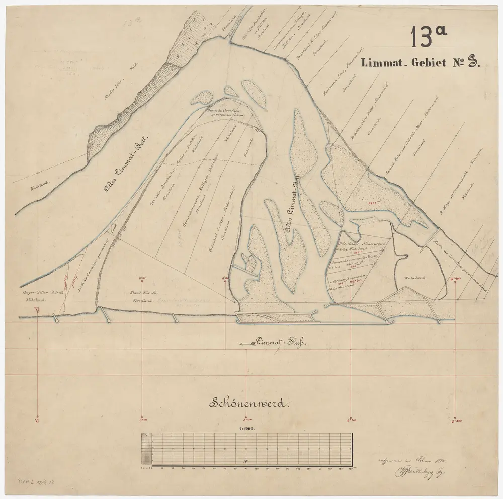 Schlieren bis Würenlos AG: Limmat von oberhalb der Grenze zwischen Schlieren und Dietikon bis zur linksufrigen Grenze zwischen den Kantonen Zürich und Aargau: Blatt 13 a: Dietikon: Bei Schönenwerd, altes Limmatbett; Situationsplan (Limmat-Gebiet Nr. 3)